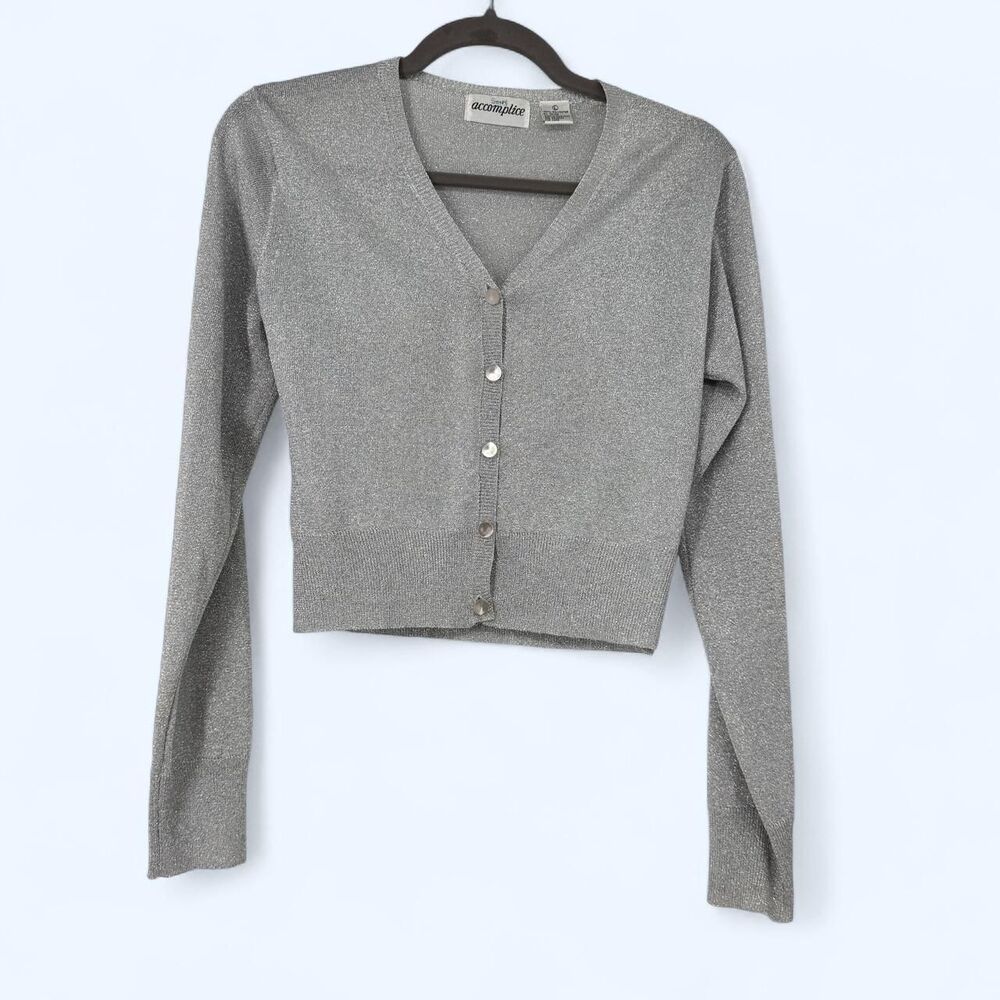Silver Metallic Lurex Cropped Lightweight Cardigan V Neck Knit Sweater c. 2001